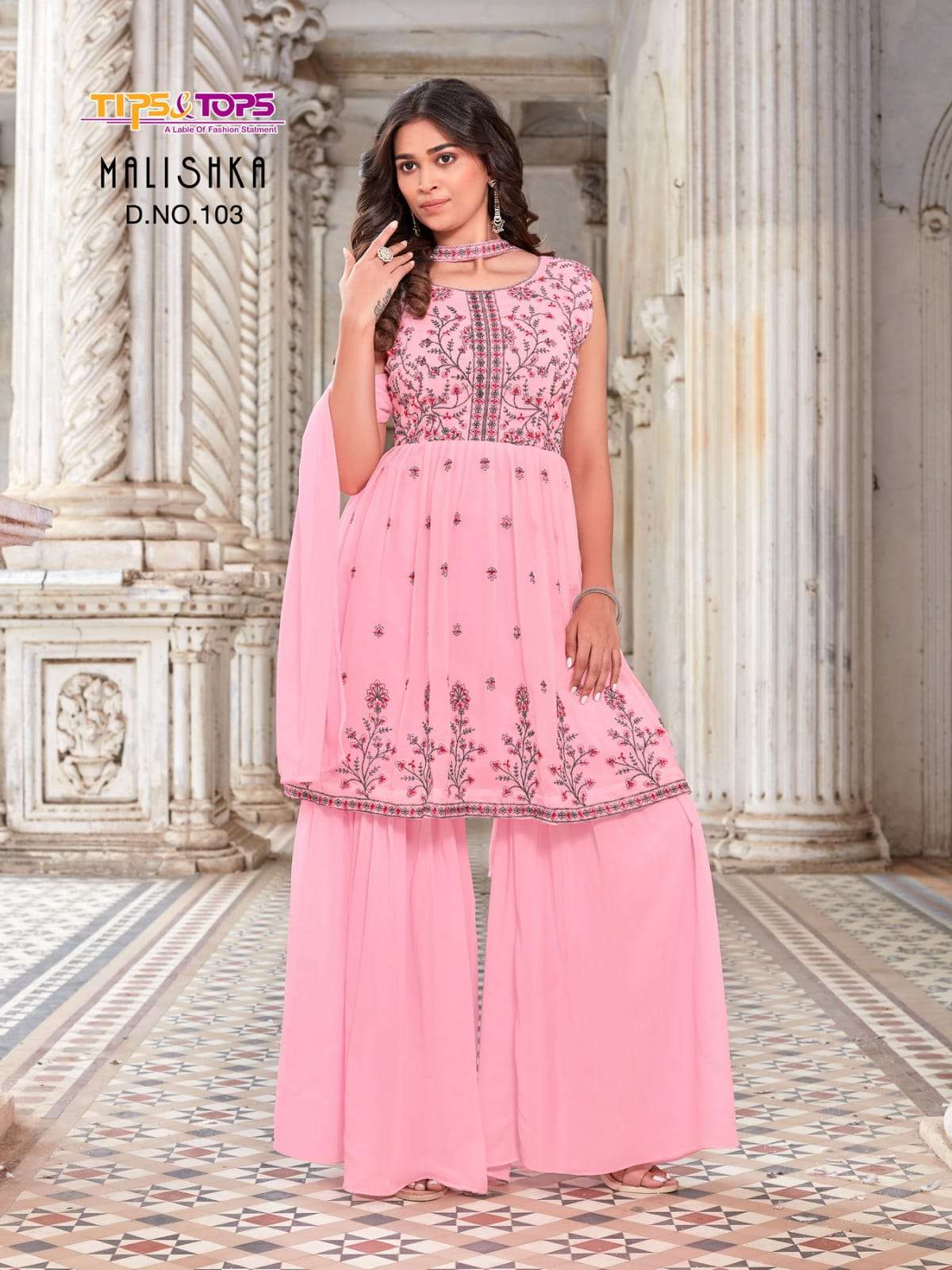 Tips And Tops-malishka-fabrics-georgette-embroidery-work-kurti- With-inner- Sequecne -fancy-side Zip-pant- Premium Georgette-dupatta-103